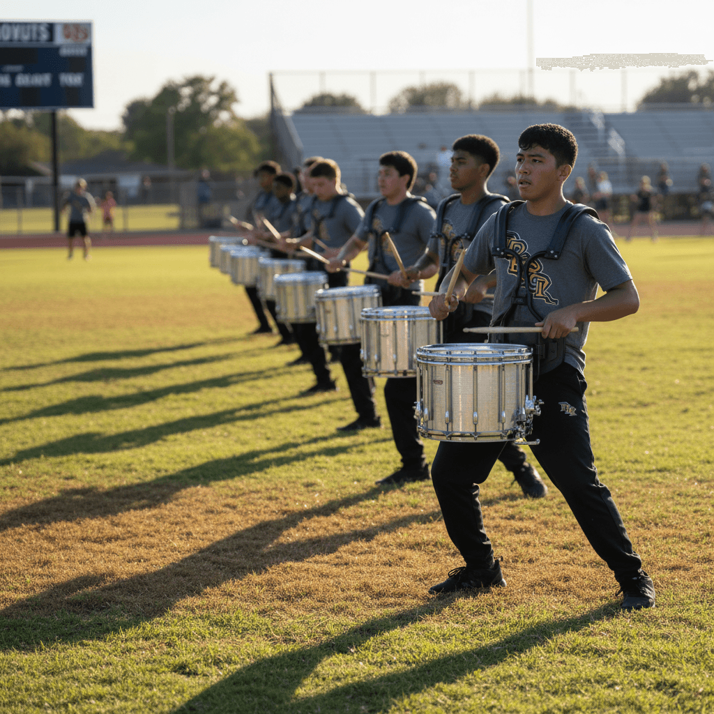 High school marching drumline performing with precision