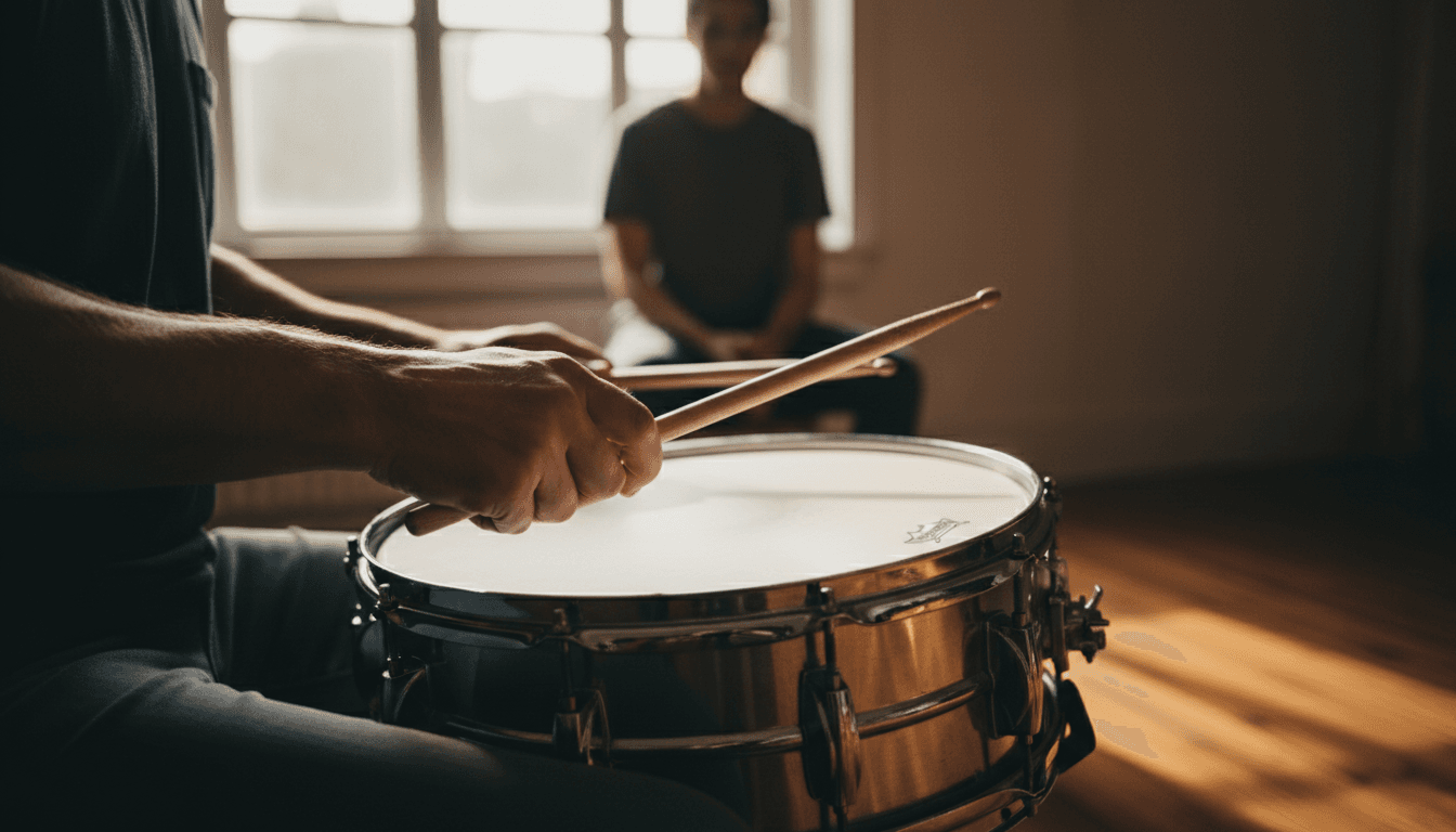 Percussion instructor demonstrating proper hand technique on snare drum during a private lesson